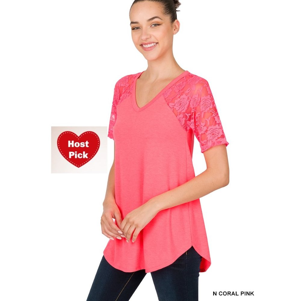 Pink Top with Lace Detail - V-Neck - Round  Hem
